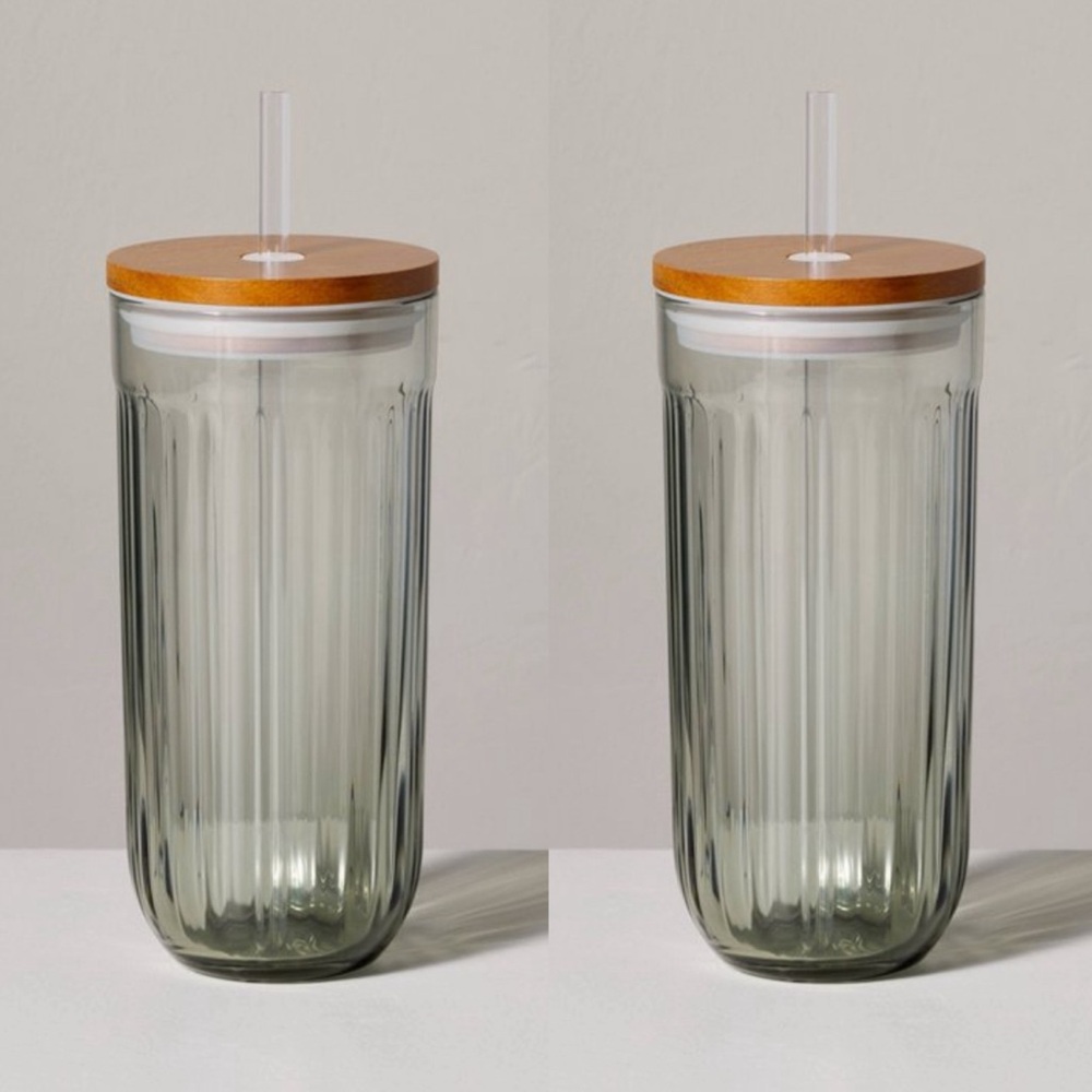 - 21oz glass tumbler wood lid, hearth & hand with Magnolia, set of 2